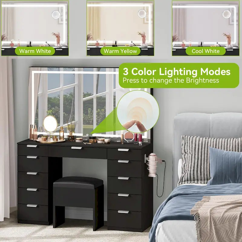 Moasis 46 Vanity With Built-in Socket With Illuminated Mirror and Hair Dryer Rack - 55.8  H X 46  W X 11.7  D