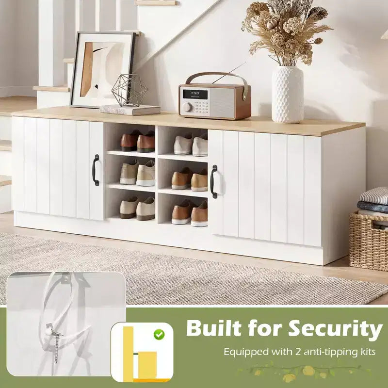 2-Door Shoe Bench wirh Adjustable Shelves Hidden Storage Space Natural + White/Whi5te