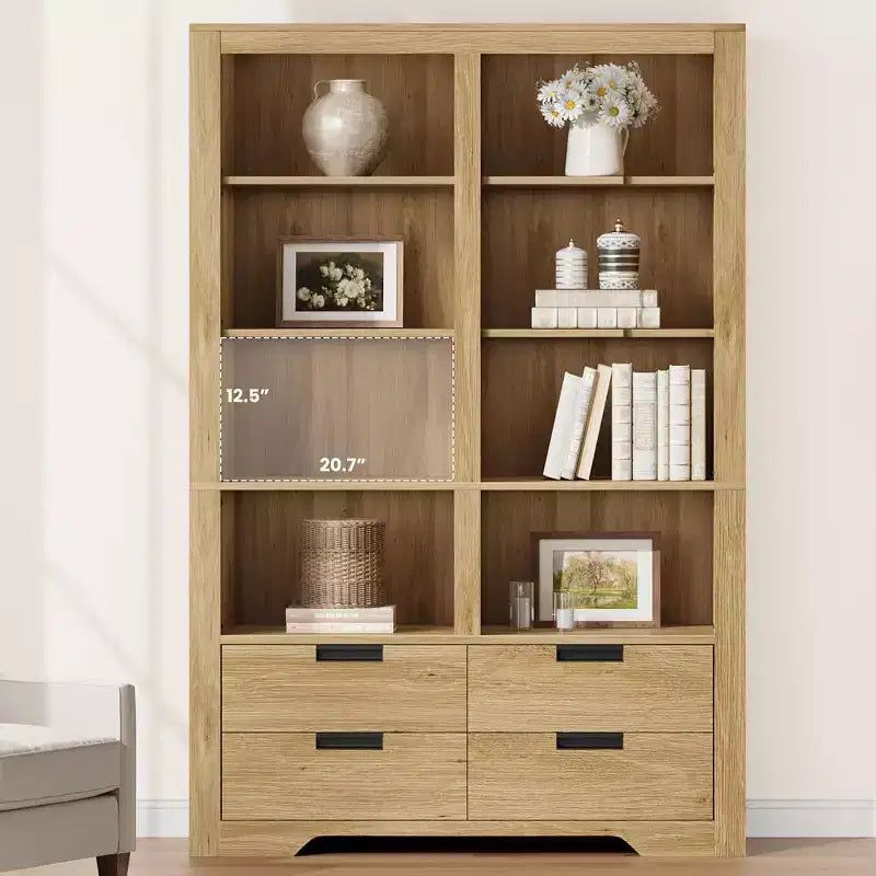 Boekenkast van 72 inch hoog met 4 laden, vrijstaande boekenkast in boerderijstijl voor slaapkamer, woonkamer en thuiskantoor