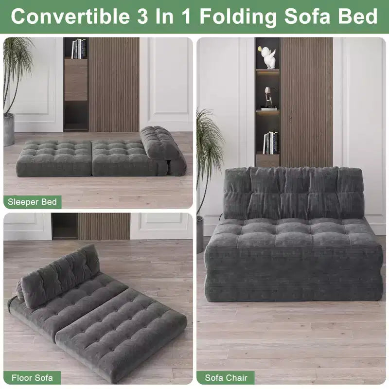 Zusammenklappbares Cord-Schlafsofa als Futon in Full-Größe, umwandelbarer Bodenschlafsessel mit Kissen und Rückenstütze