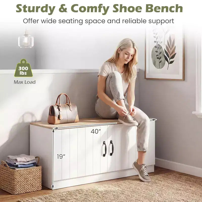 2-Door Shoe Bench wirh Adjustable Shelves Hidden Storage Space Natural + White/Whi5te