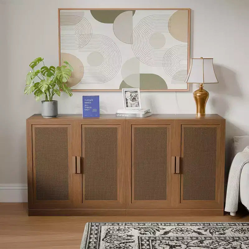Sett ta’ 3 kabinetti sideboard buffet b’bibien tar-rattan, spazju għall-ħażna u xkafef aġġustabbli - 93Lx31H