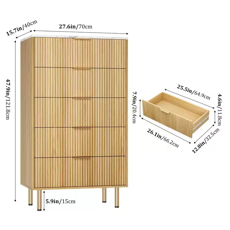 Cassettiera a 5 cassetti Bianca / Marmo e Legno – Pannello scanalato, per 1 persona