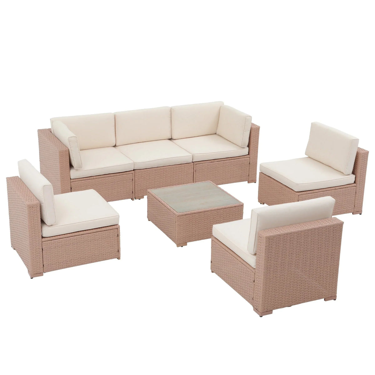 7-teiliges Outdoor-Sitzgruppen-Set aus Korbgeflecht und Stahl mit Polsterung