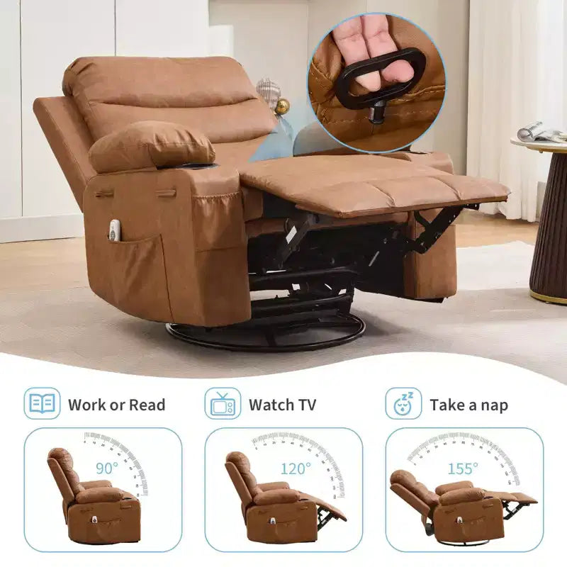 Siġġu recliner kbir li jdur 360 u jitbandal, bil-massaġġi u s-sħana - siġġu ergonomiku għar-rilassament b'holders għat-tazzi u bwiet tal-ġenb għall-kamra tal-għixien u l-mixtla