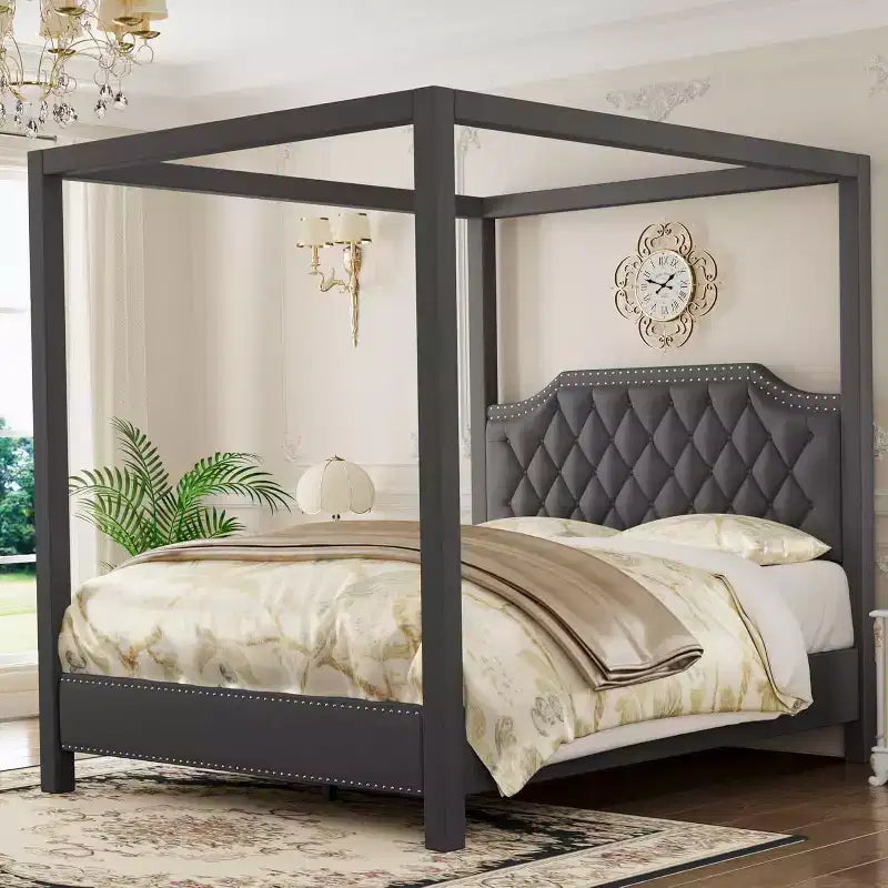 Struttura letto a baldacchino Queen Size con pali e supporti angolari a 4 punti, doghe in legno massello, senza necessità di rete a molle, silenziosa