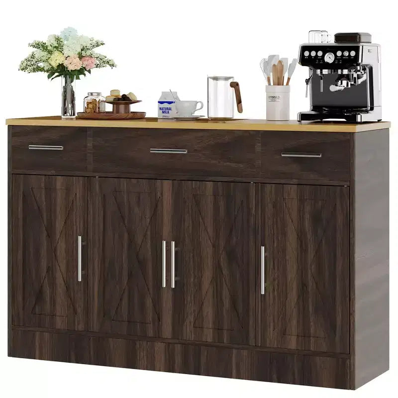 Mobile Buffet Celebalcony con Contenitore, Grande Mobile Contenitore da Cucina da 53,4 pollici con 3 Cassetti e 4 Ante, Ripiano Regolabile per Cucina, Soggiorno
