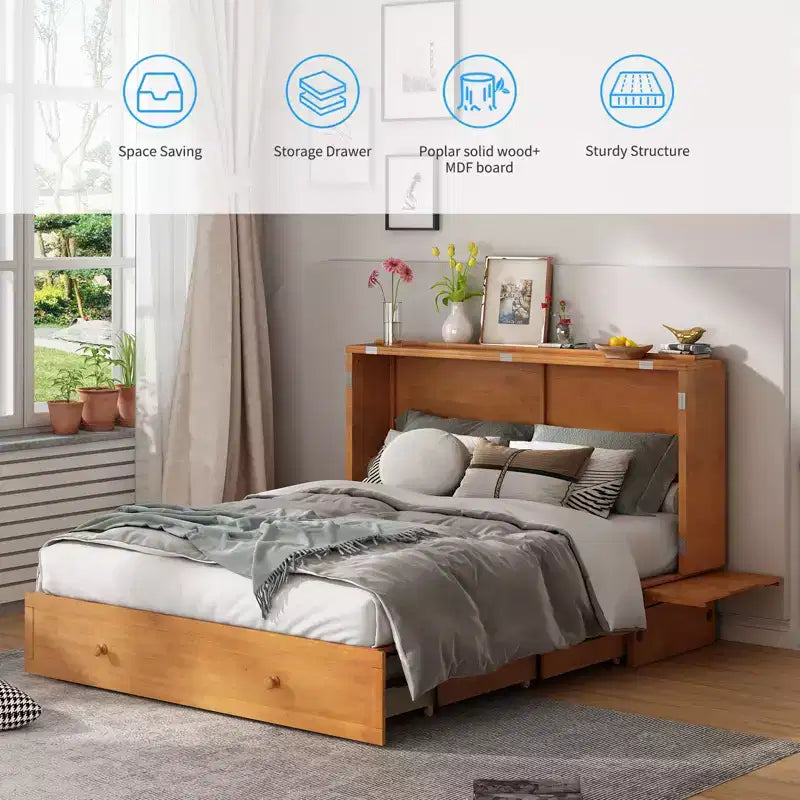 Letto a scomparsa queen Mjkone, letto a cubo con armadio contenitore, stazione di ricarica e spazio portaoggetti