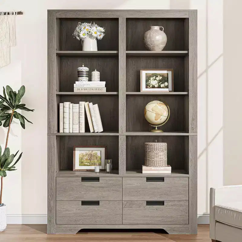Boekenkast van 72 inch hoog met 4 laden, vrijstaande boekenkast in boerderijstijl voor slaapkamer, woonkamer en thuiskantoor