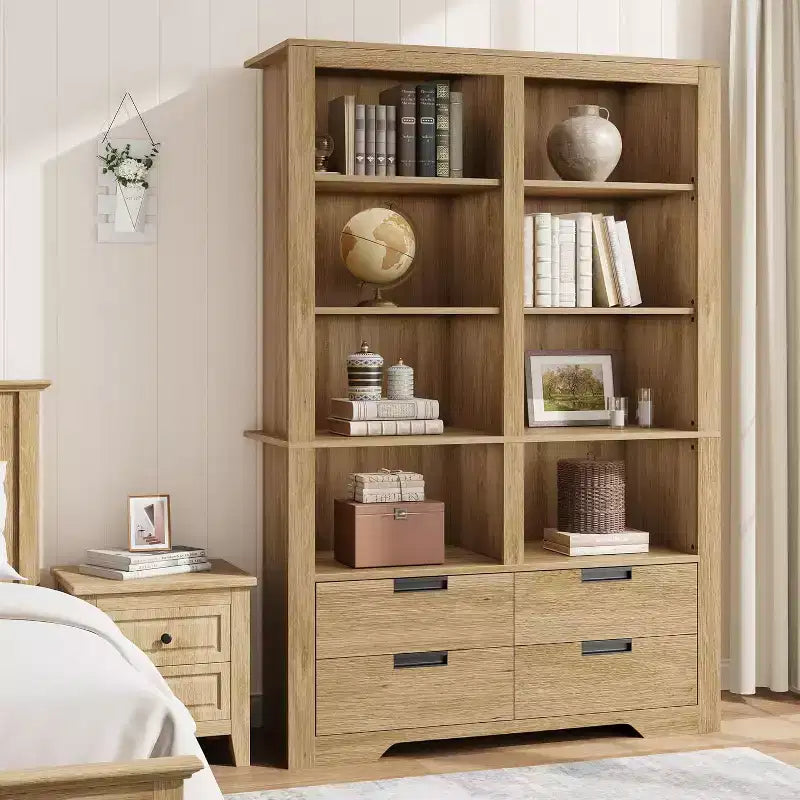 Boekenkast van 72 inch hoog met 4 laden, vrijstaande boekenkast in boerderijstijl voor slaapkamer, woonkamer en thuiskantoor