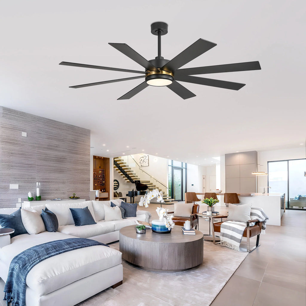 Ventilatore da soffitto nero da 65 pollici con 8 pale, LED, luce e telecomando