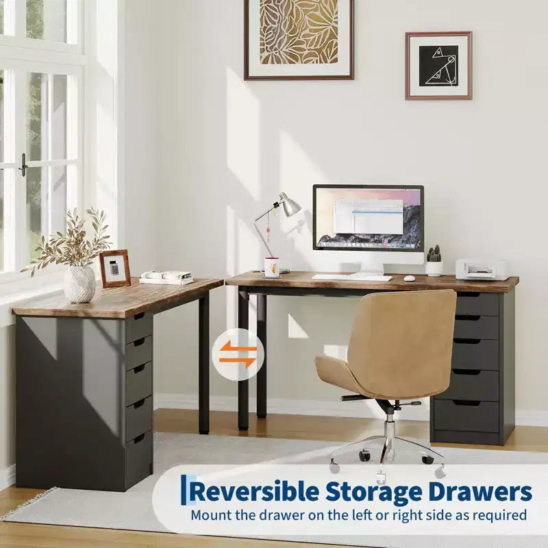 Desk tal-kompjuter ta’ 47 Pulzier b’5 kxaxen għall-ħażna, mejda moderna rustika riversibbli għall-istudju u l-kitba, workstation għall-uffiċċju tad-dar għal spazji żgħar