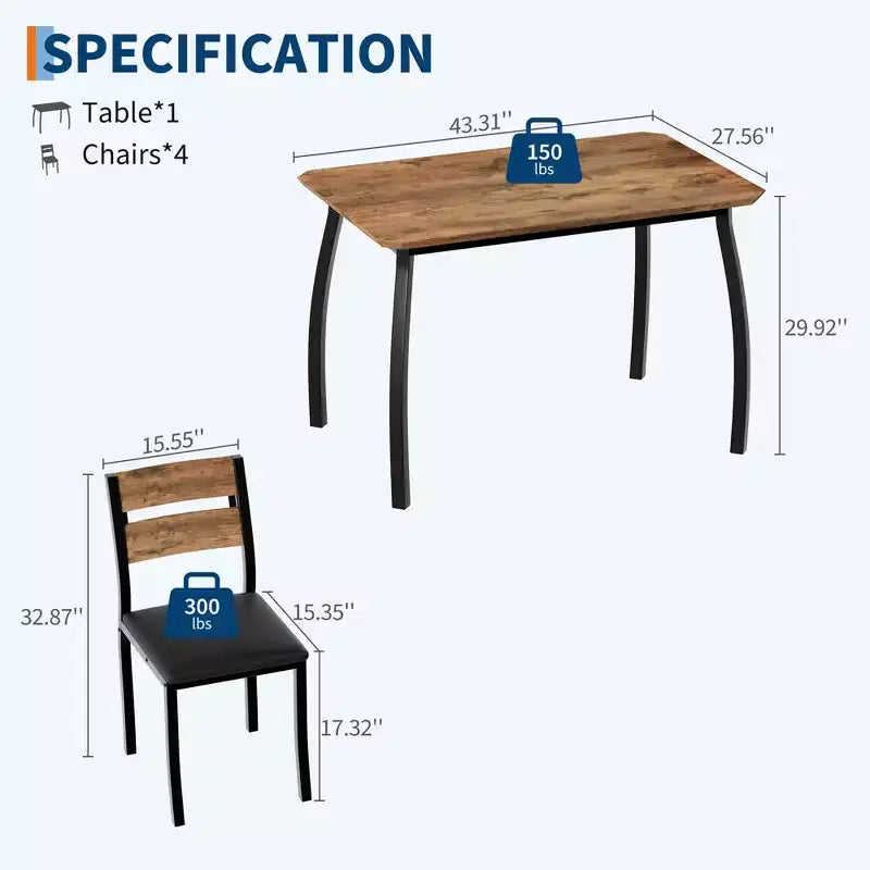 Set da cucina composto da tavolo e sedie con struttura in metallo, 5 pezzi, con design smussato