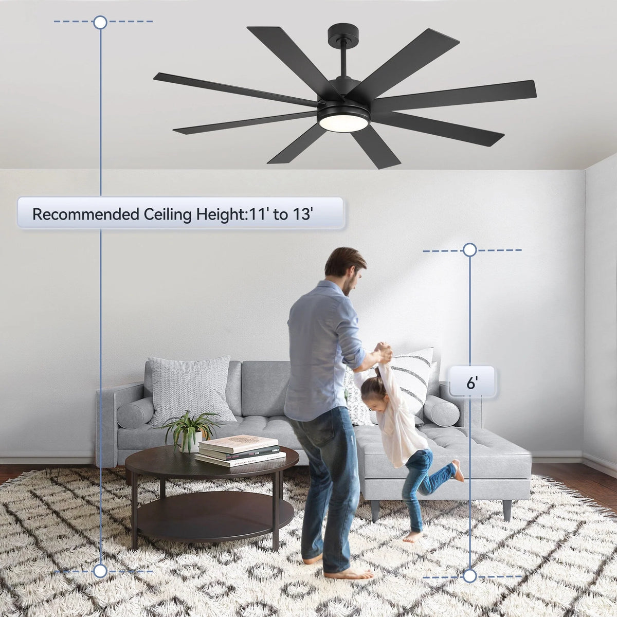 Ventilatore da soffitto nero da 65 pollici con 8 pale, LED, luce e telecomando