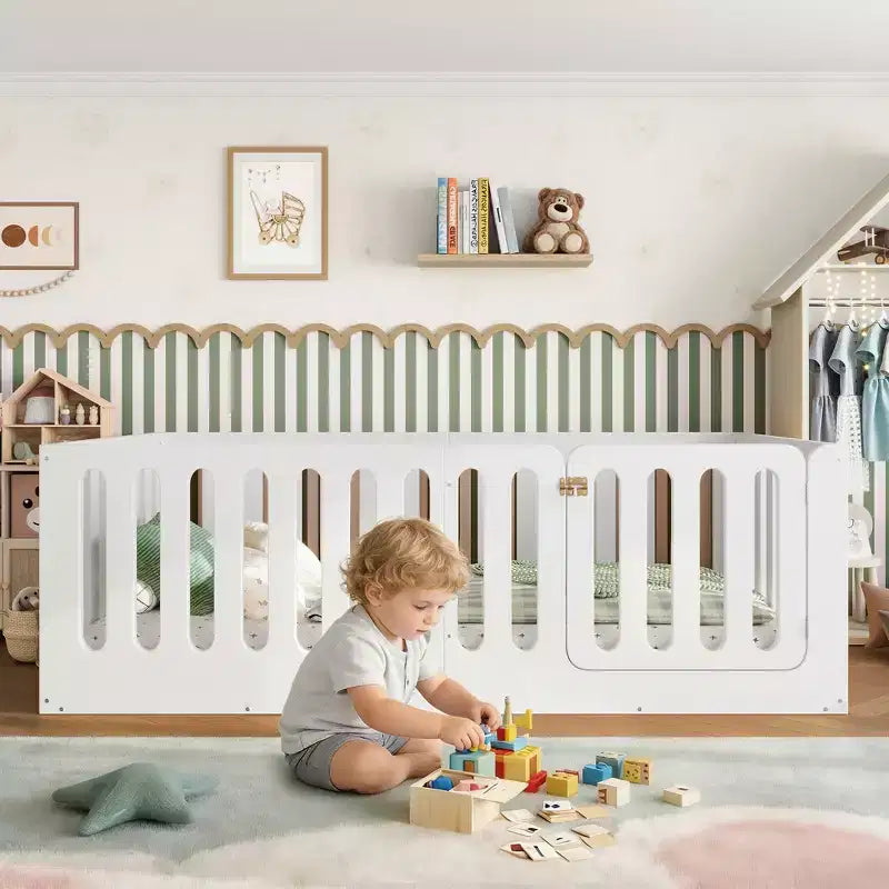 Letto Montessori a terra per bambini, singolo, bianco, con sponde e cancelletto – Legno massello, 1 posto