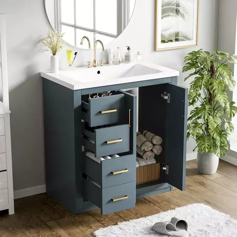 Mobile da bagno da 30" con lavabo singolo, armadietto e 3 cassetti – Nero / Blu / Verde / Indaco / Bianco