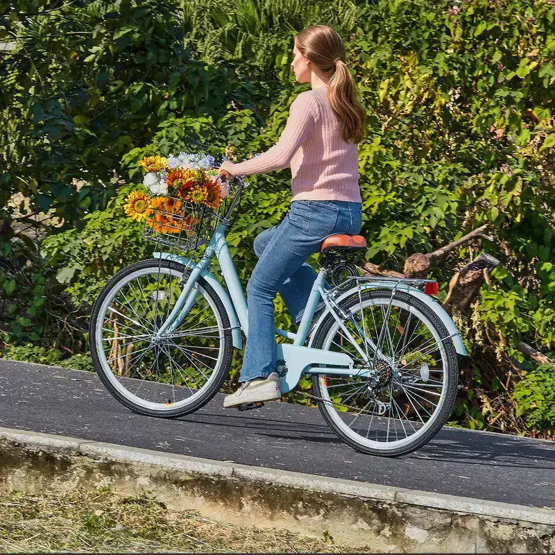 Bicicletta cruiser VEVOR, 7 velocità, cruiser da spiaggia azzurra da 26 pollici con cestino capiente e portapacchi posteriore, sicura e robusta, azzurra