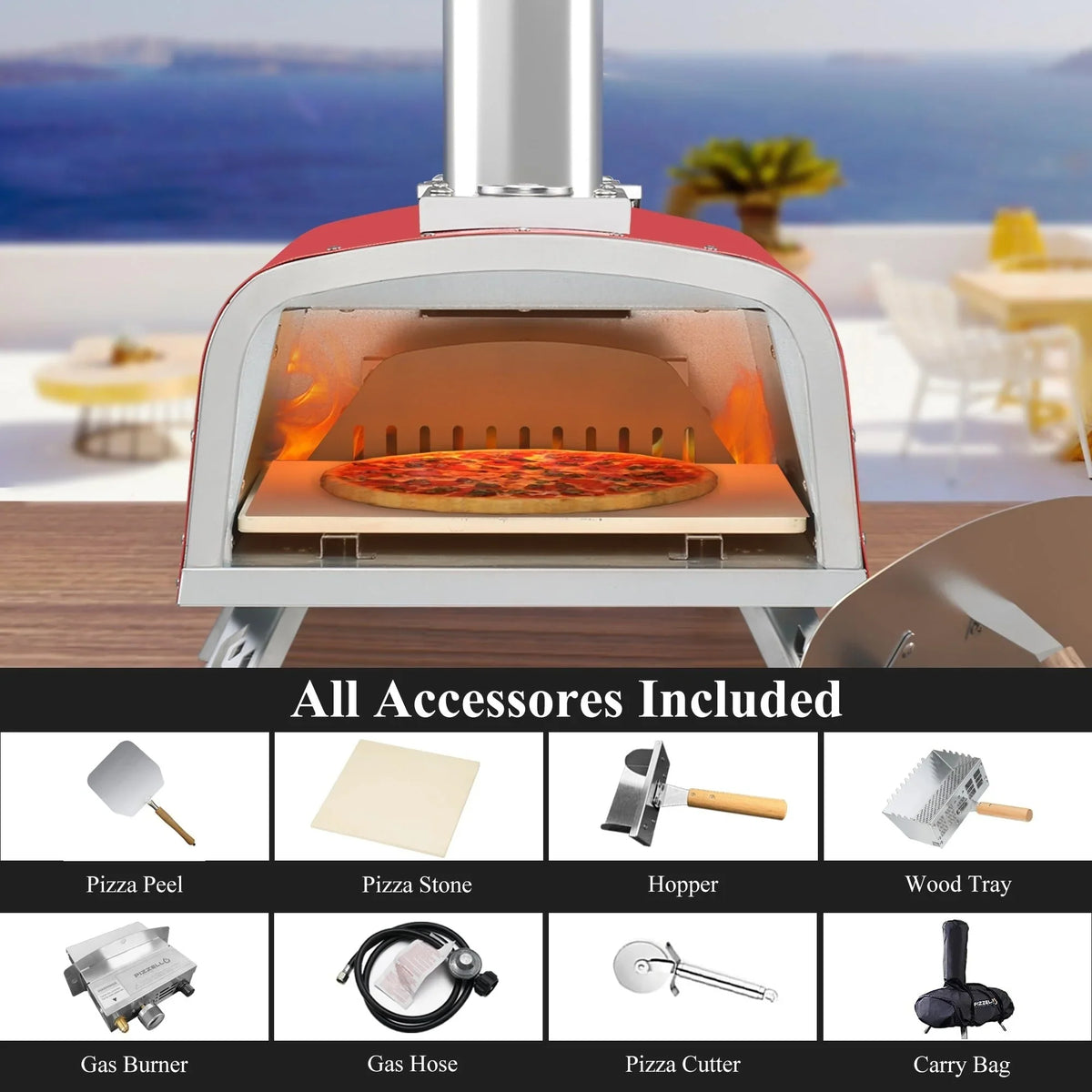 Forn tal-pizza ta’ barra b’diversi fjuwils, apparat għall-pizza moħmija fuq il-ġebel b’berner tal-gass u kaxxa għall-injam - 12-il pulzier