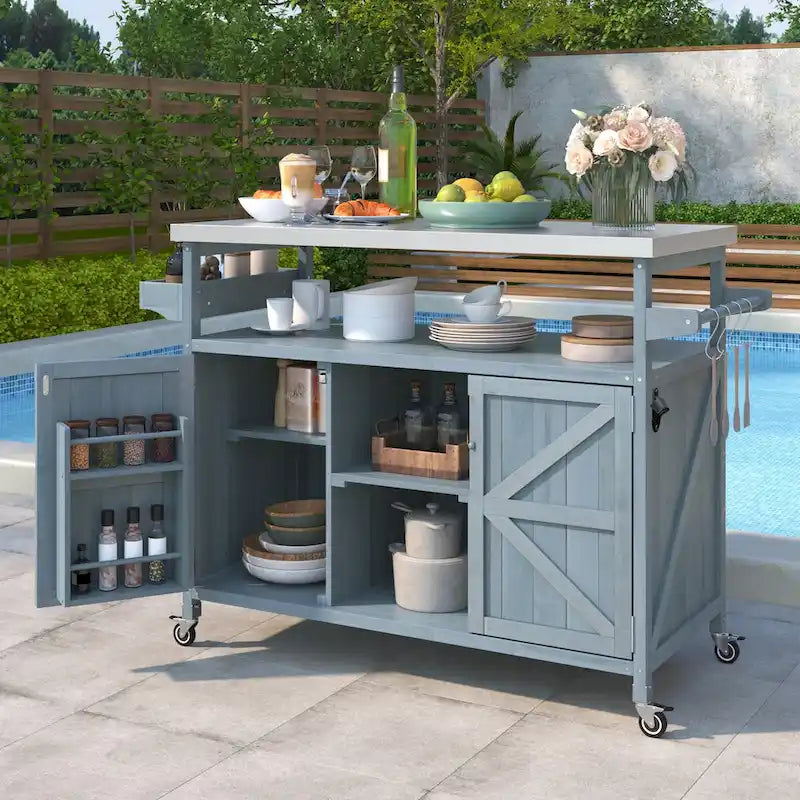 Outdoor Kitchen Island, Rolling Bar Cart & Storage Cabinet,Solid Wood Grill Table with Stainless Steel Top,Spice Rack,Towel Rack