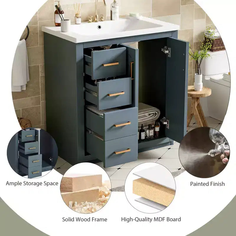 Mobile da bagno da 30" con lavabo singolo, armadietto e 3 cassetti – Nero / Blu / Verde / Indaco / Bianco