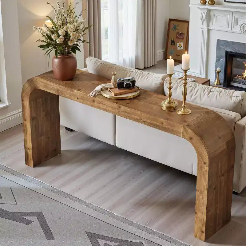 Lantine 70.87-Inch Solid Wood Console Table, Farmhouse Sofa Table with Waterfall Corners for Hallway, Living Room, Behind Couch, Natural Wood