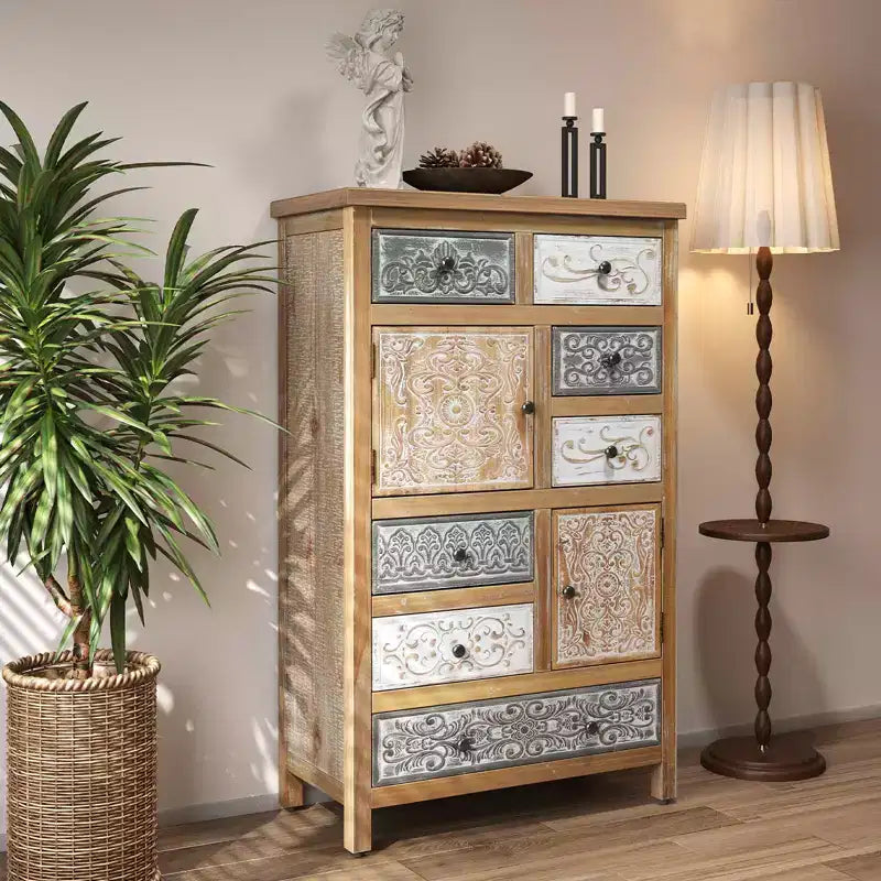 Vintage houten accentkast met 6 laden en 2 kasten, rustieke, veelkleurig gesneden opbergkast voor de woonkamer