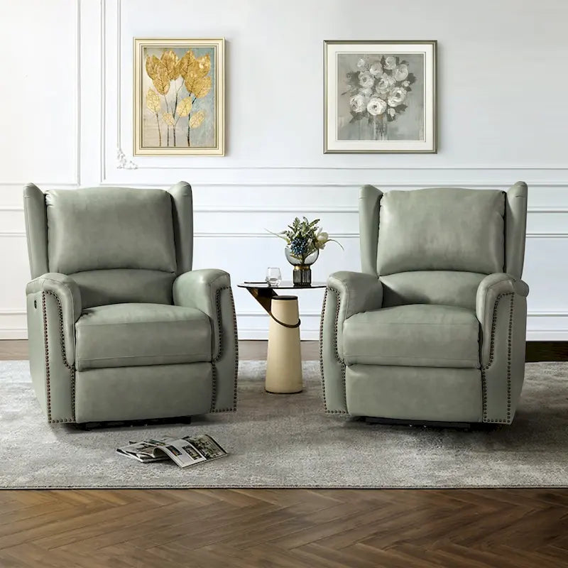 Poltrona relax elettrica in vera pelle con porta USB - Set di 2 con schienale a orecchioni e borchie