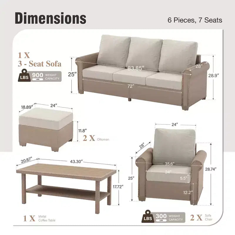 Captiva Designs 6-teiliges luxuriöses Polyrattan-Sitzmöbel-Set für die Terrasse mit Sofa, geschwungenen Armlehnen und Sitzkissen