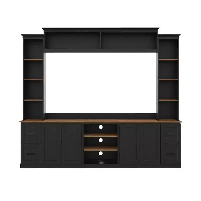 Μονάδα τοίχου κέντρου ψυχαγωγίας ModernLuxe 4-σε-1 σε στιλ αγροικίας, χωρά τηλεοράσεις έως 70, έπιπλο τηλεόρασης και κονσόλα πολυμέσων με ρυθμιζόμενα ράφια και συρτάρια