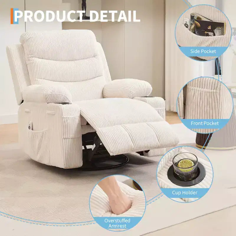 Swivel Rocker Recliner Chair with Massage & Heat, 360 Glider with Cup Holders & Side Pockets, Ergonomic Lounge Sofa for Living Room, RV, Nursery