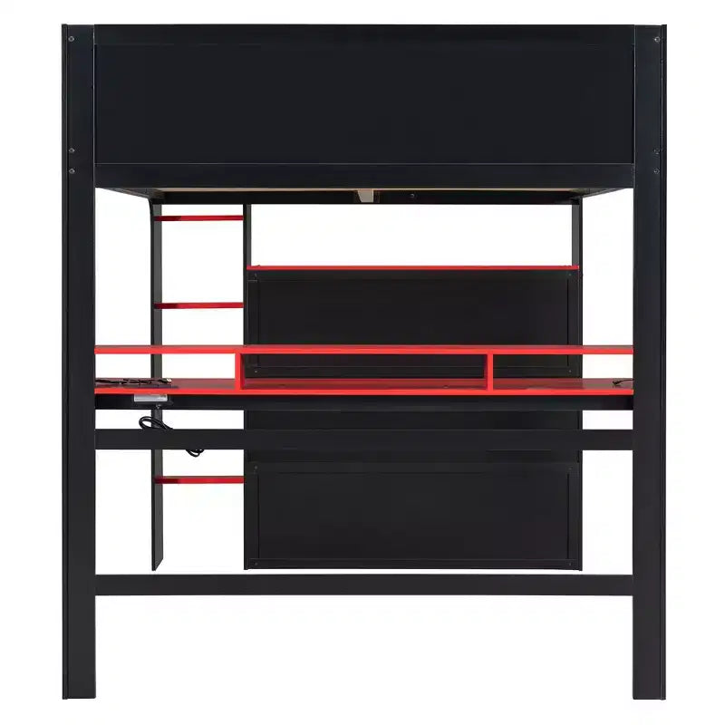 Letto a soppalco Luxystar matrimoniale con scrivania regolabile illuminata, guardaroba aperto e libreria