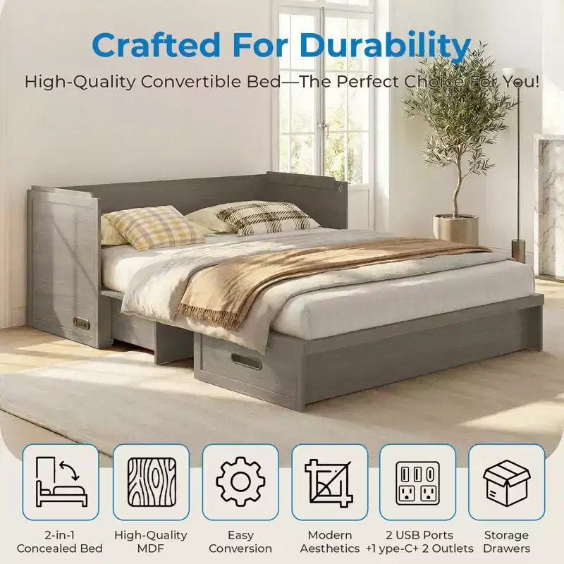 Letto armadio trasformabile Murphy Queen Size Mjkone con materasso, ricarica USB e cassetti contenitori