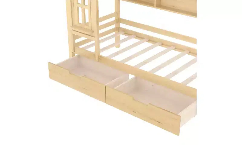 Letto a piattaforma a forma di casetta con cassetti contenitore e finestra, struttura in legno massello con ripiani, design giocoso per bambini, bianco chiaro