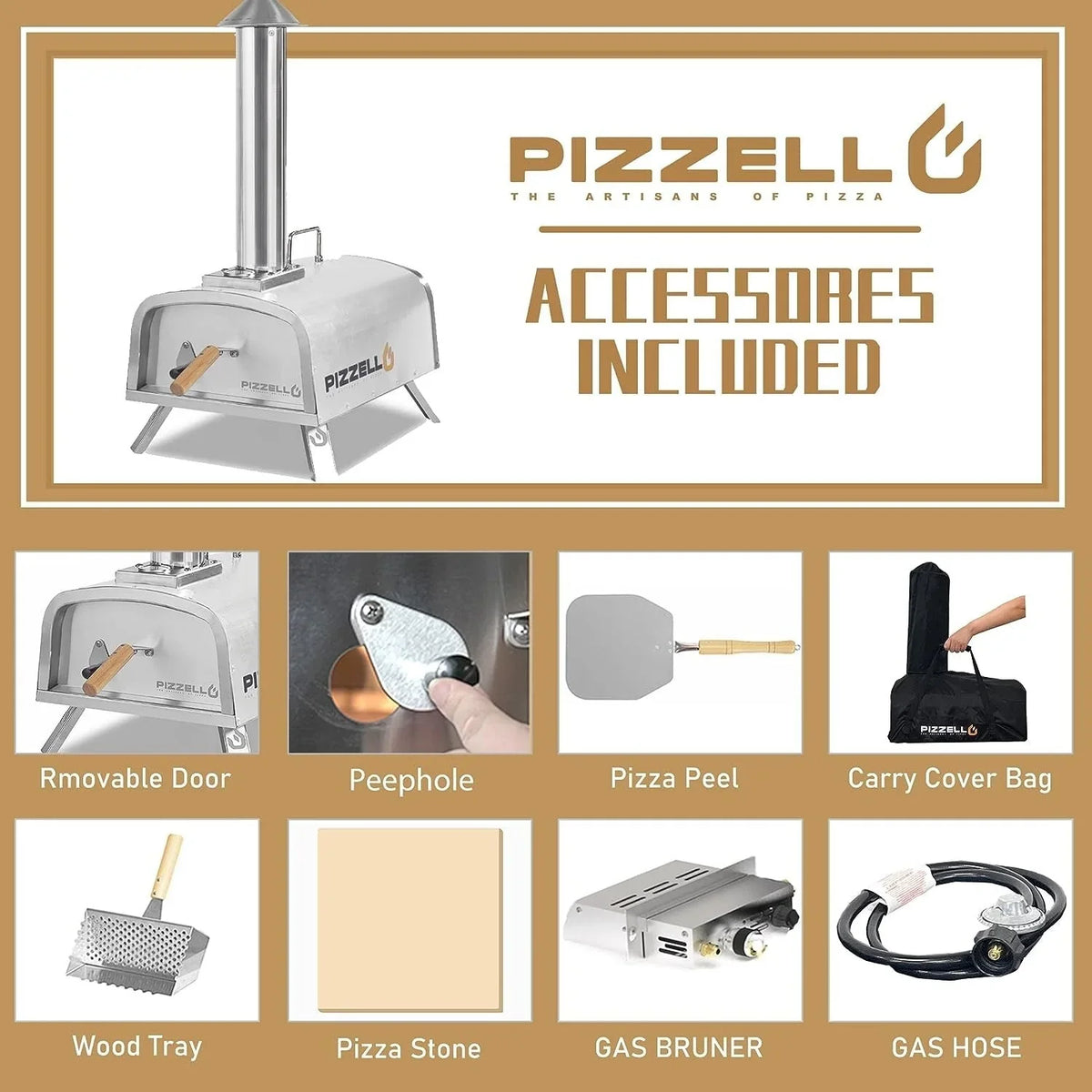 Forn tal-pizza ta’ barra b’diversi fjuwils, apparat għall-pizza moħmija fuq il-ġebel b’berner tal-gass u kaxxa għall-injam - 12-il pulzier