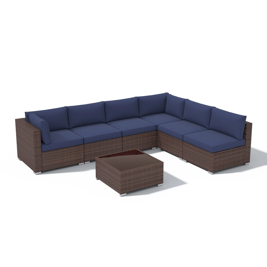 7-teiliges Outdoor-Sitzgruppen-Set aus Korbgeflecht und Stahl mit Polsterung