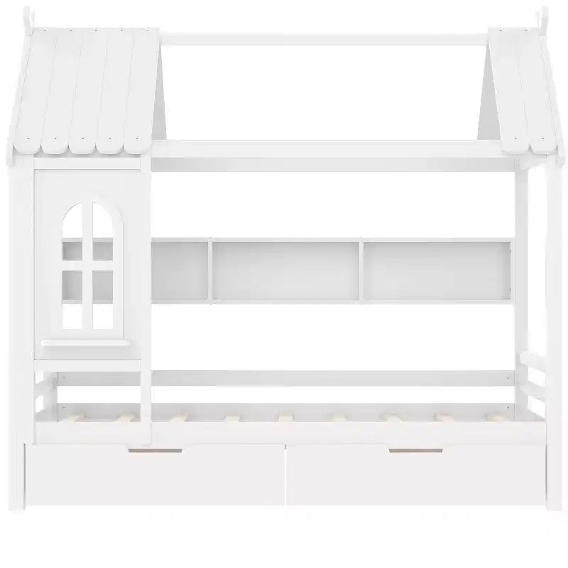 Letto a piattaforma a forma di casetta con cassetti contenitore e finestra, struttura in legno massello con ripiani, design giocoso per bambini, bianco chiaro