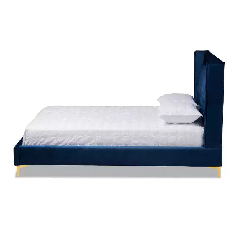 Letto a piattaforma in velluto grigio, capitonné, gambe dorate, Queen, 2 persone