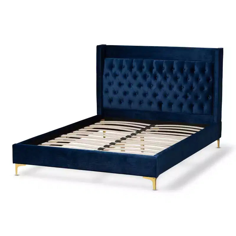 Letto a piattaforma in velluto grigio, capitonné, gambe dorate, Queen, 2 persone