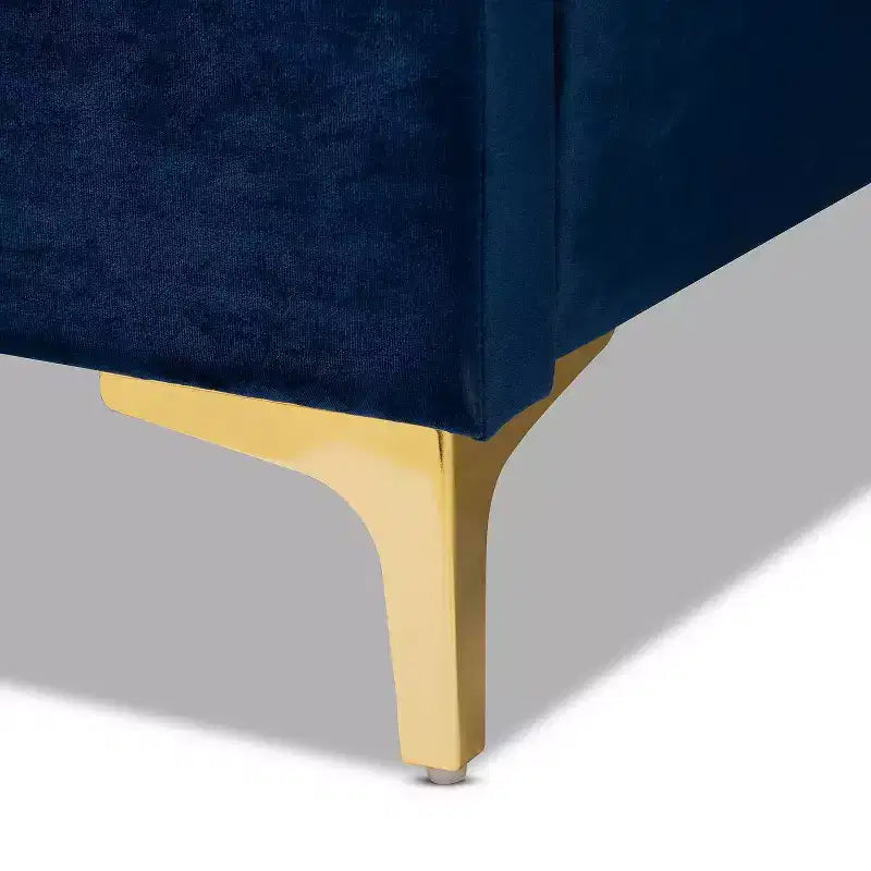 Letto a piattaforma in velluto grigio, capitonné, gambe dorate, Queen, 2 persone