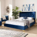 Letto a piattaforma in velluto grigio, capitonné, gambe dorate, Queen, 2 persone