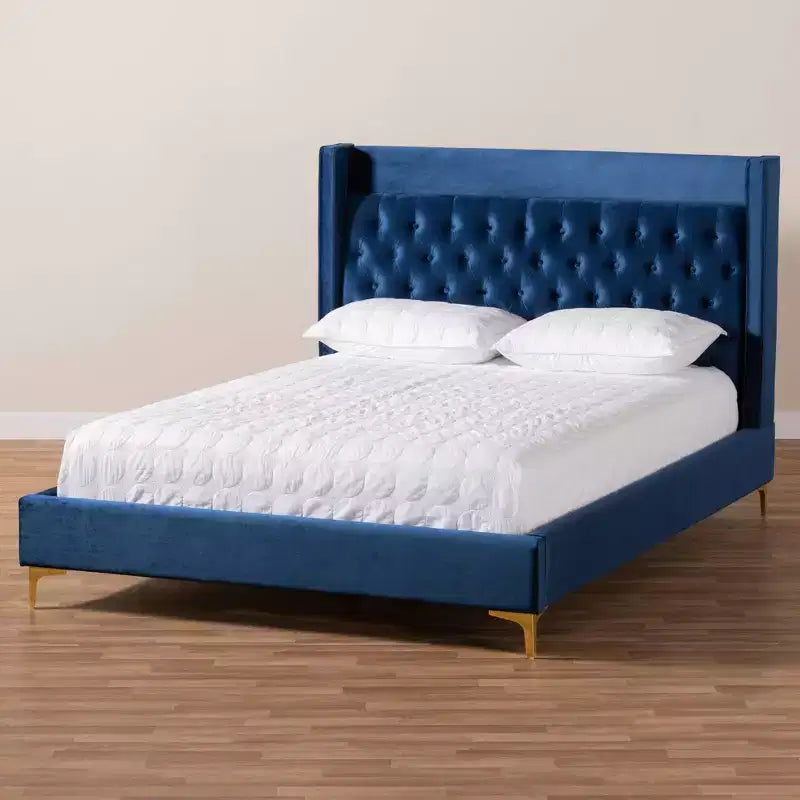 Letto a piattaforma in velluto grigio, capitonné, gambe dorate, Queen, 2 persone