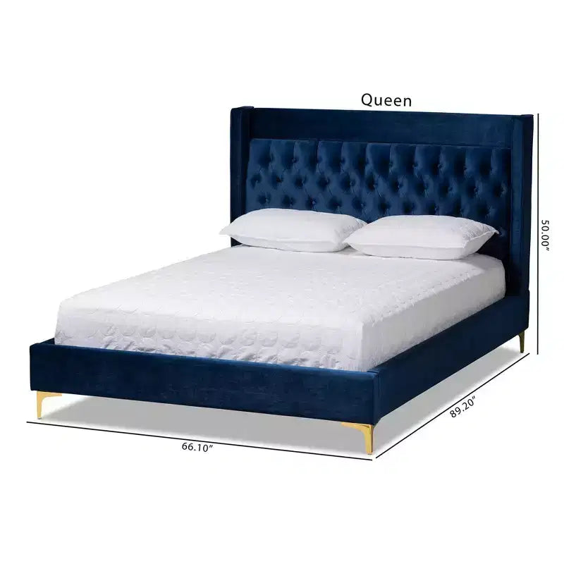 Letto a piattaforma in velluto grigio, capitonné, gambe dorate, Queen, 2 persone