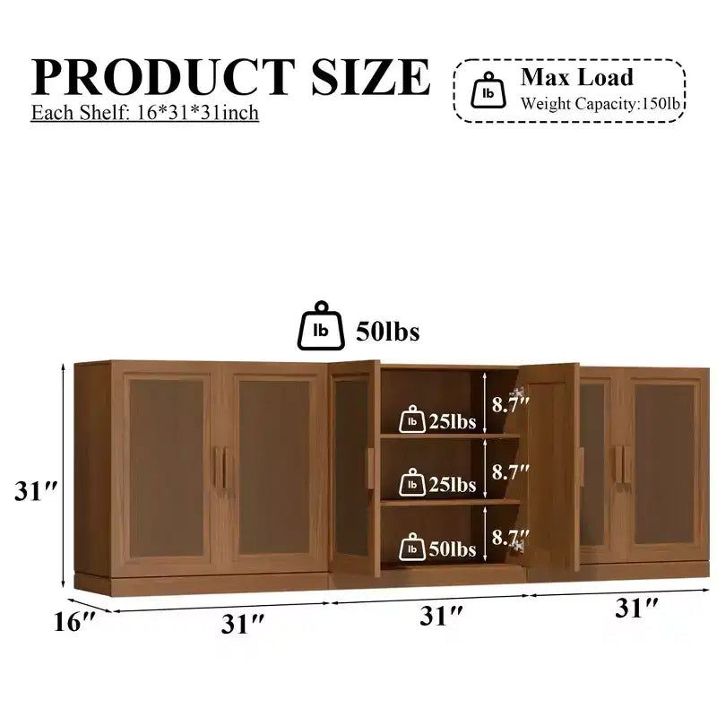 Sett ta’ 3 kabinetti sideboard buffet b’bibien tar-rattan, spazju għall-ħażna u xkafef aġġustabbli - 93Lx31H