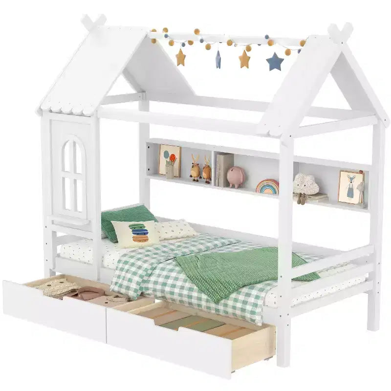 Letto a piattaforma a forma di casetta con cassetti contenitore e finestra, struttura in legno massello con ripiani, design giocoso per bambini, bianco chiaro