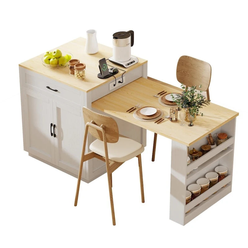 Isola da cucina in legno da 82,7 pollici per 4-6 persone, con tavolo da pranzo allungabile e spazio contenitore doppio