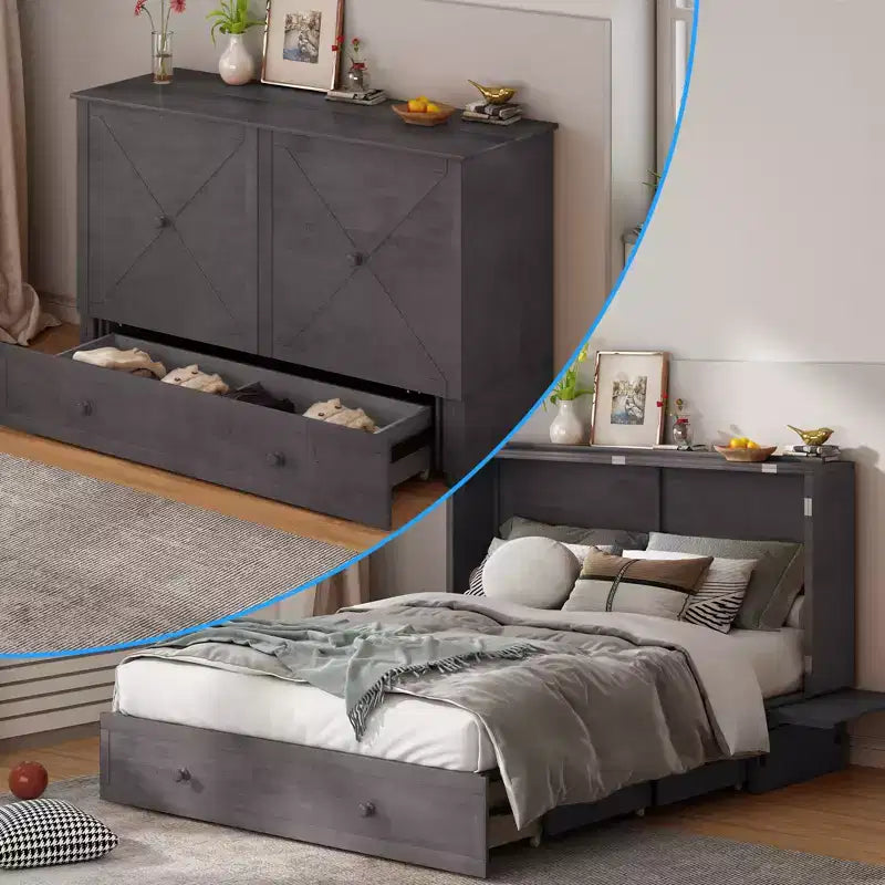 Lit escamotable queen Mjkone, lit armoire cubique avec station de recharge et espace de rangement