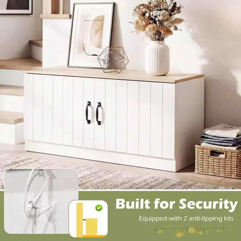 2-Door Shoe Bench wirh Adjustable Shelves Hidden Storage Space Natural + White/Whi5te