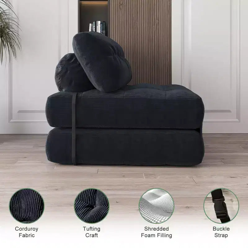 Zusammenklappbares Cord-Schlafsofa als Futon in Full-Größe, umwandelbarer Bodenschlafsessel mit Kissen und Rückenstütze