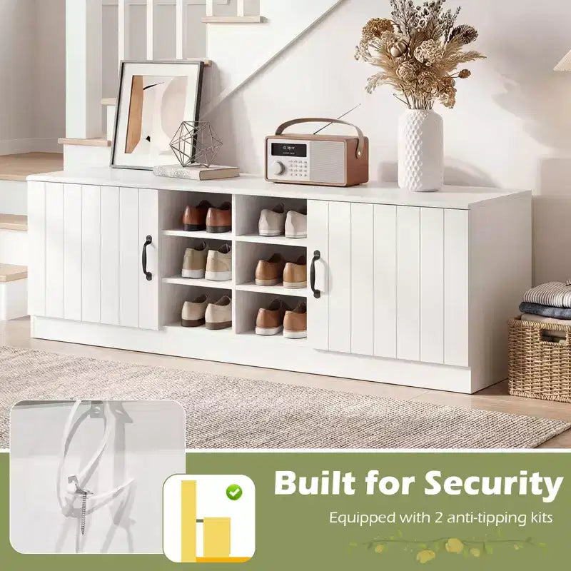 2-Door Shoe Bench wirh Adjustable Shelves Hidden Storage Space Natural + White/Whi5te