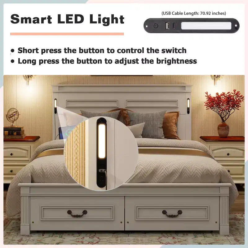 ModernLuxe Queen/King Size Platform Bed with Tall Headboard, Rustic Wood Bed Frame with 2 Drawers, LED Lights & USB Ports